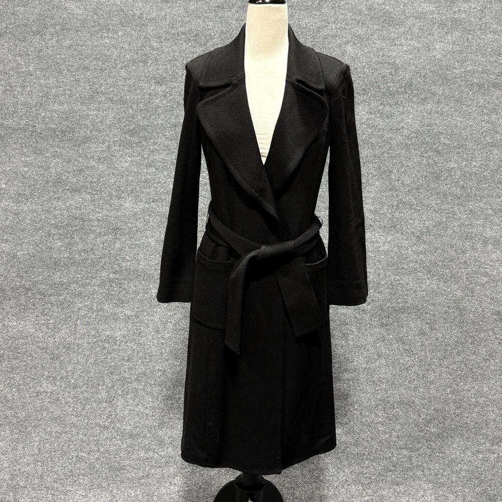 St John Caviar Coatigan Womens 6 Black Wrap Pique Knit Belted Long Topper Coat